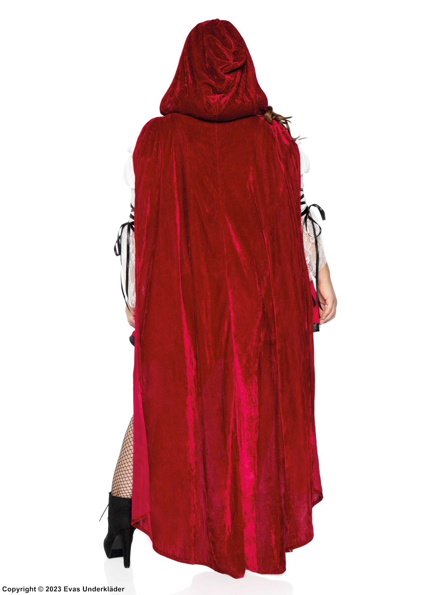 Rödluvan, maskeradklänning med cold shoulder, snörning och volangkant, plus size